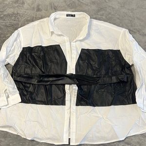 New SHEIN white and black faux leather button up shirt with belt